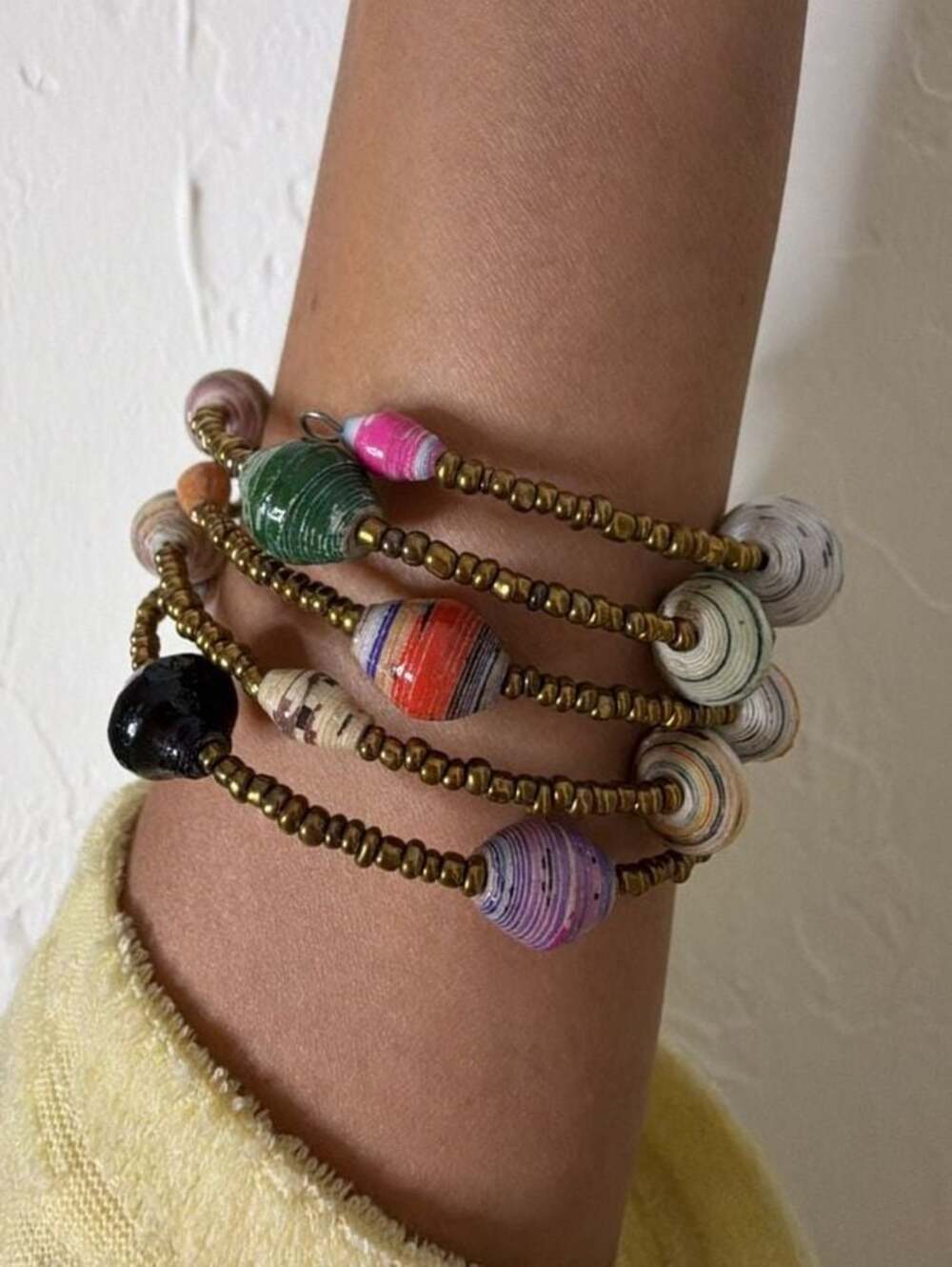 Multicolor Recycled Paper Bead Wrap Bracelet with Small Gold-Tone Spacers